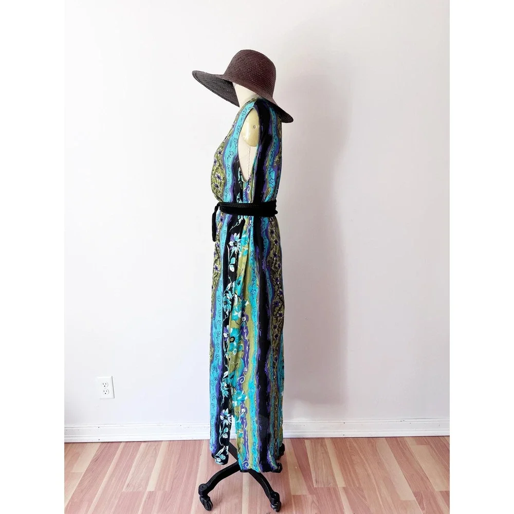 JM Collection Maxi Dress Blue Green Floral‎ Beaded Rayon Sleeveless Shift Large - Picture 3 of 8